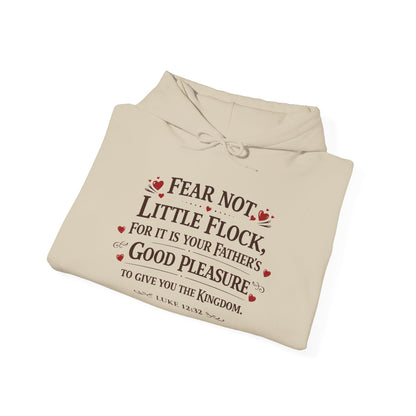 Fear Not Little Flock Hoodie with Printed Sleeves | Luke 12:32 Scripture Heart Design Bible Verse Gift | Share your faith