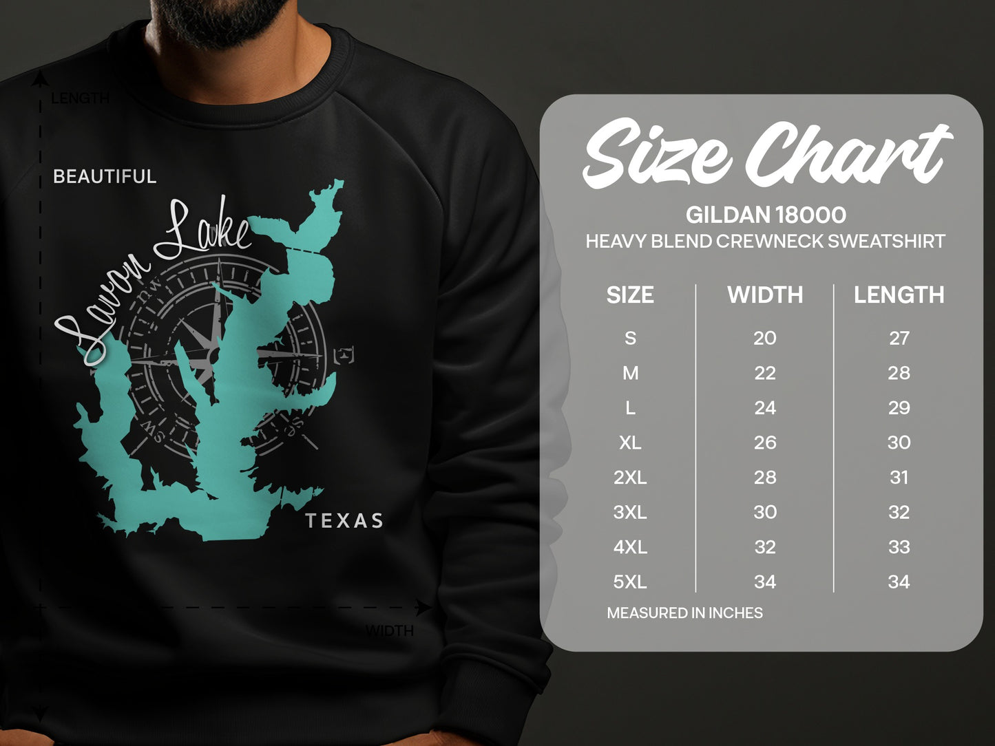 Savon Lake Texas design on black sweatshirt with size chart.