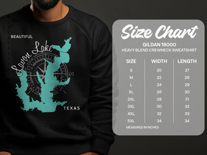 Savon Lake Texas design on black sweatshirt with size chart.