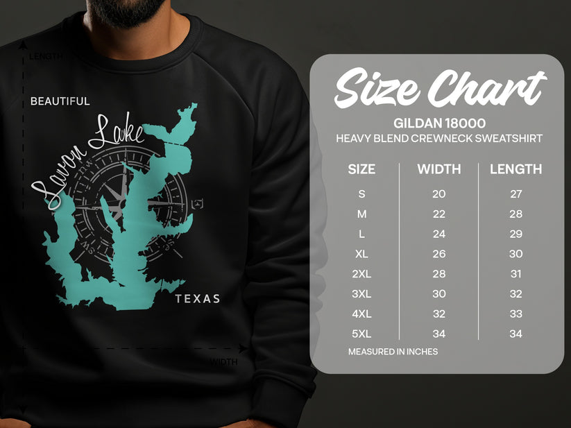 Savon Lake Texas design on black sweatshirt with size chart.