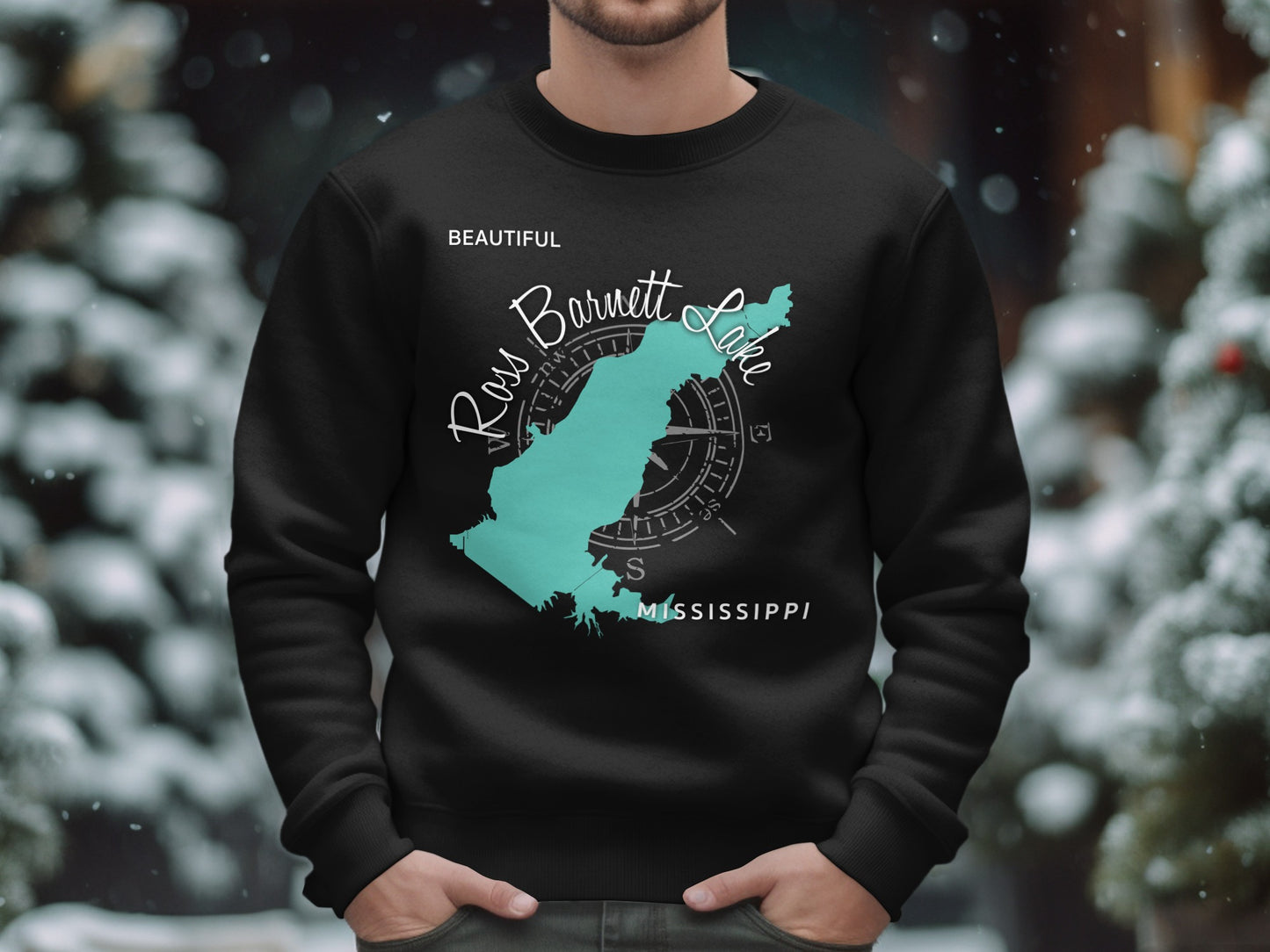 Black sweatshirt with turquoise map of Ross Barnett Lake, Mississippi.