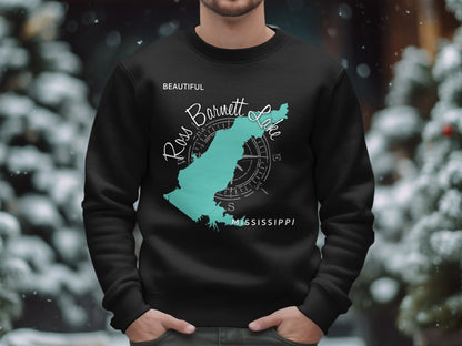 Black sweatshirt with turquoise map of Ross Barnett Lake, Mississippi.