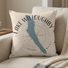 Pillow with blue Willoughby Lake map and compass graphic, reads "Lake Willoughby Vermont".