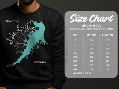 Lake Las Vegas map graphic on black sweatshirt with Gildan size chart.