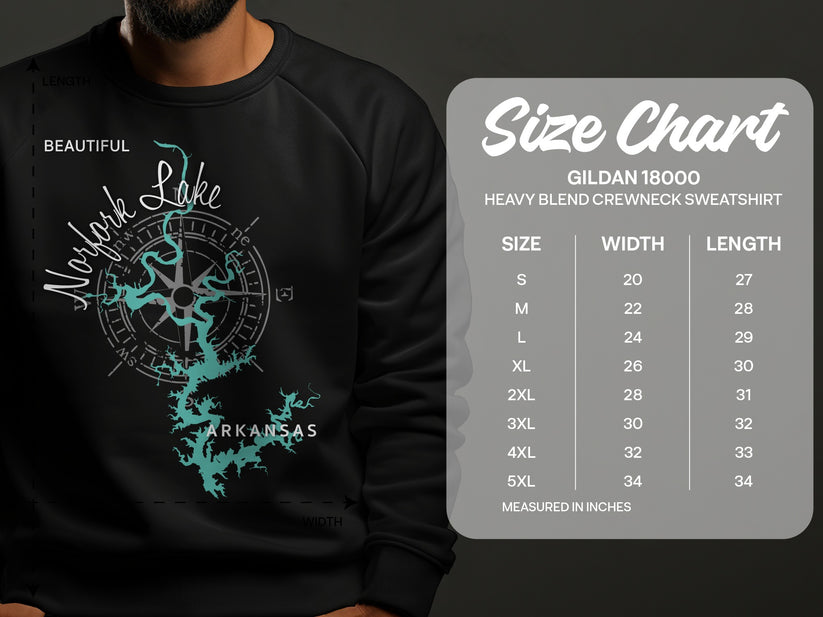 Norfolk Lake Arkansas map on a black sweatshirt with Gildan size chart.