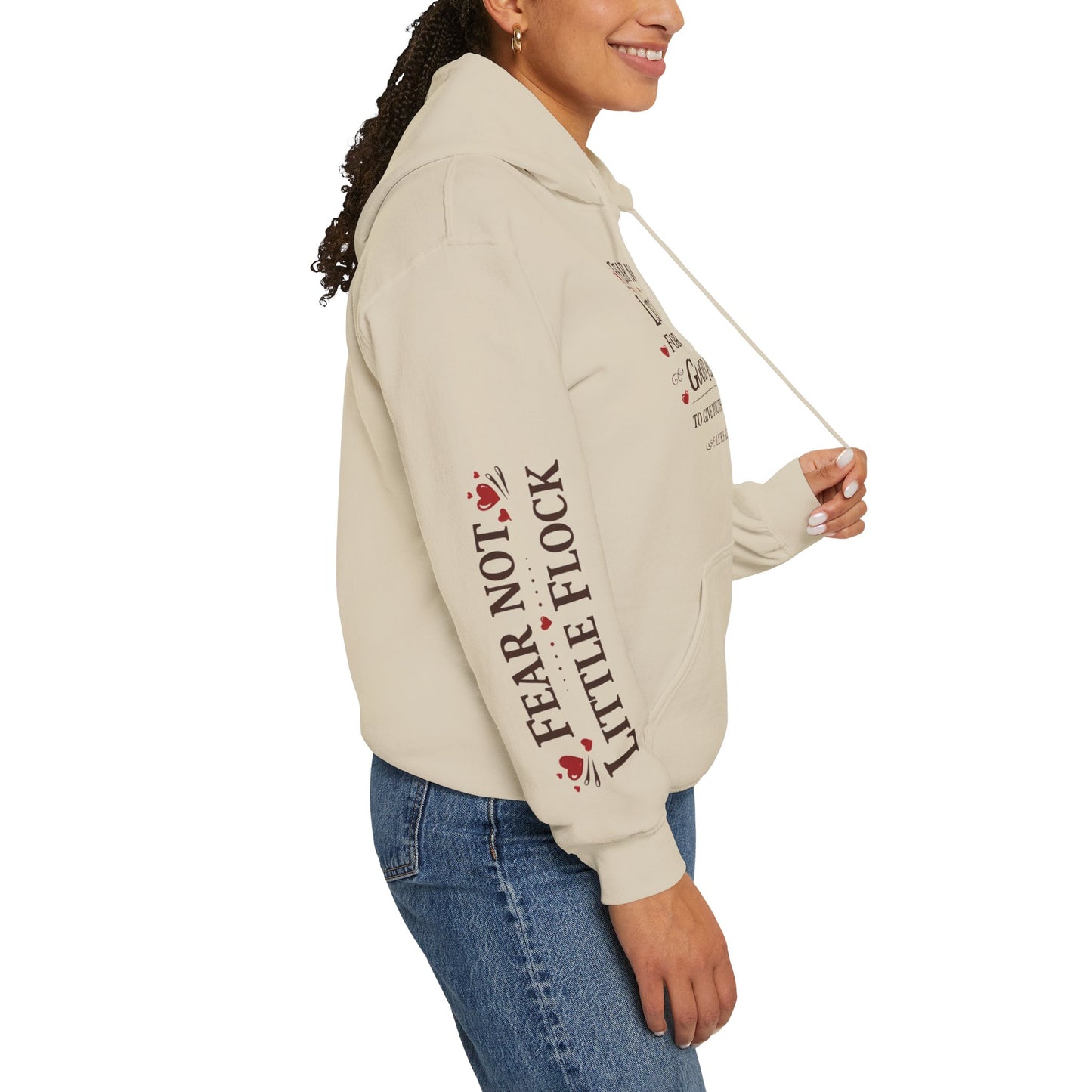 Fear Not Little Flock Hoodie with Printed Sleeves | Luke 12:32 Scripture Heart Design Bible Verse Gift | Share your faith