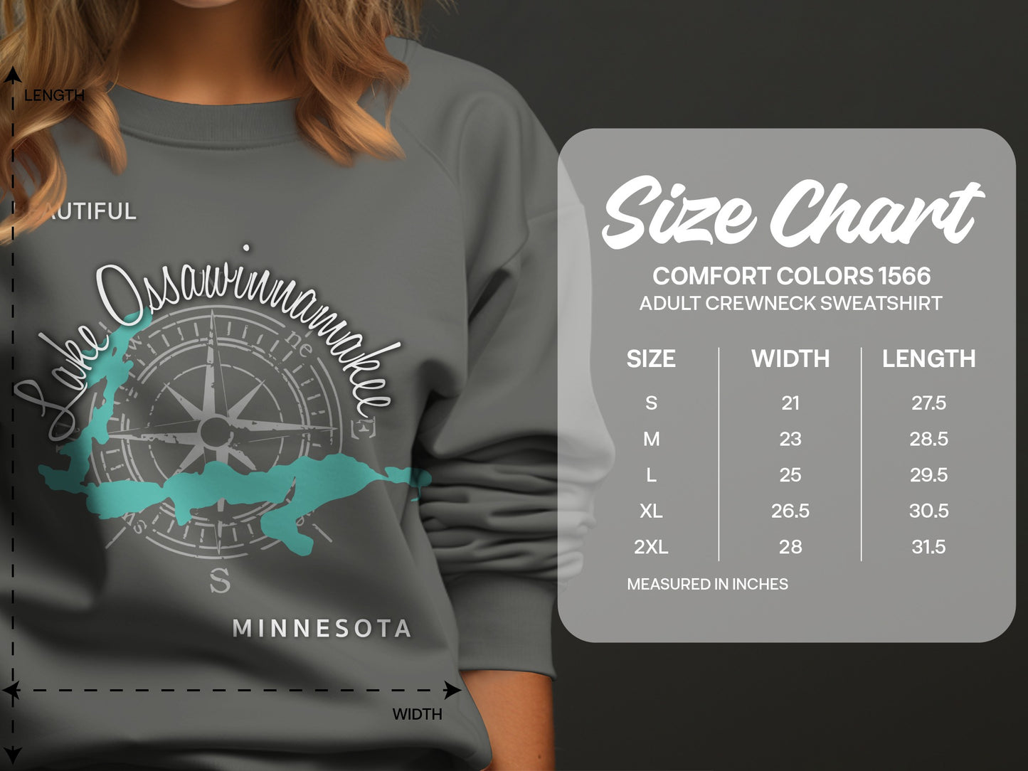Lake Ossawwinamakee sweatshirt size chart with measurements in inches.