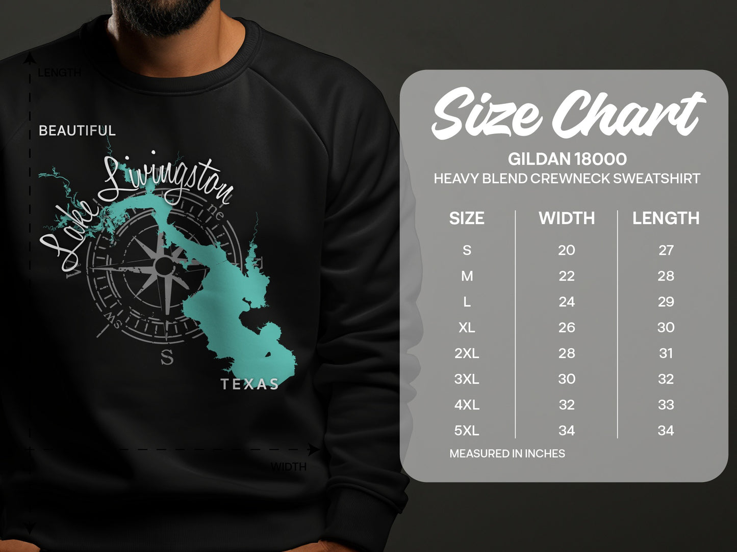 Lake Livingston Texas graphic on a black sweatshirt with size chart.