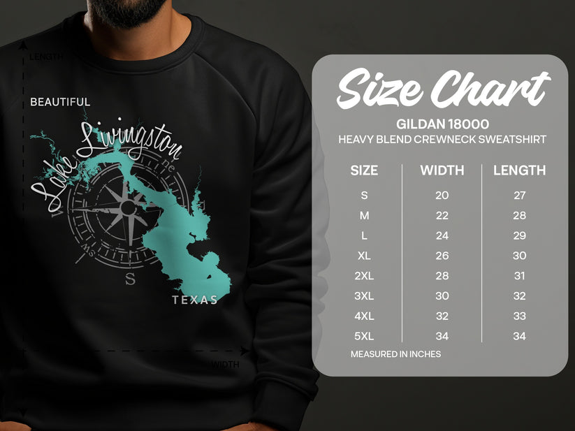Lake Livingston Texas graphic on a black sweatshirt with size chart.