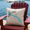 Pillow with Bass Lake California map design on red Adirondack chair near water.