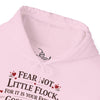 Fear Not Little Flock Hoodie with Printed Sleeves | Luke 12:32 Scripture Heart Design Bible Verse Gift | Share your faith