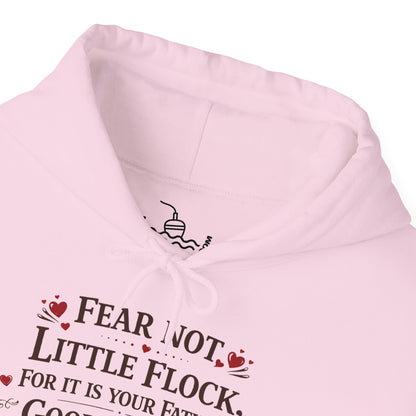 Fear Not Little Flock Hoodie with Printed Sleeves | Luke 12:32 Scripture Heart Design Bible Verse Gift | Share your faith