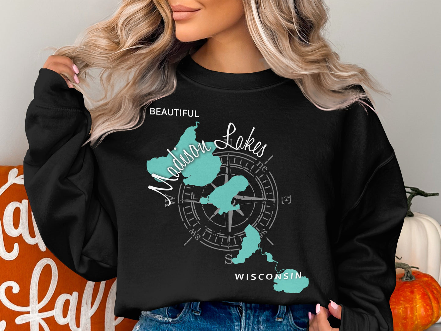 Black sweatshirt with "Madison Lakes Wisconsin" and compass rose map design.