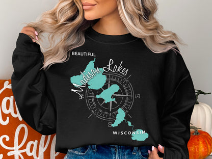 Black sweatshirt with "Madison Lakes Wisconsin" and compass rose map design.