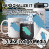 Personalized Georgian Bay mug, tumbler, water bottle, and coaster on a wooden surface.