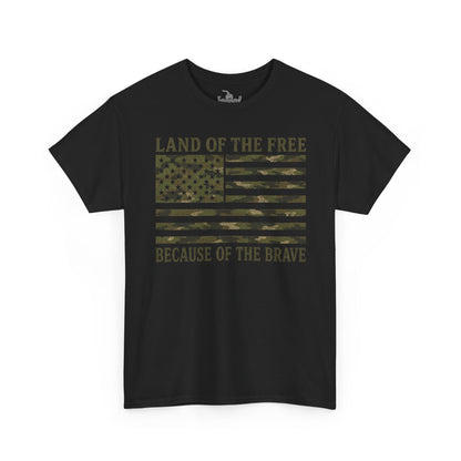 Land of the Free Because of the Brave T-Shirt | American Flag Tee | Patriotic Camo for Veterans and Fourth of July