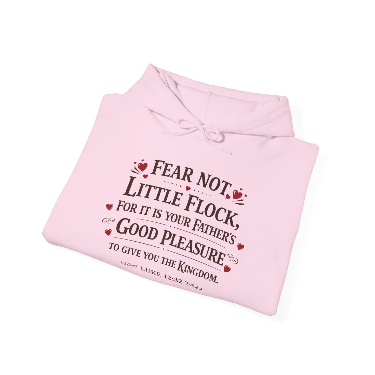 Fear Not Little Flock Hoodie with Printed Sleeves | Luke 12:32 Scripture Heart Design Bible Verse Gift | Share your faith