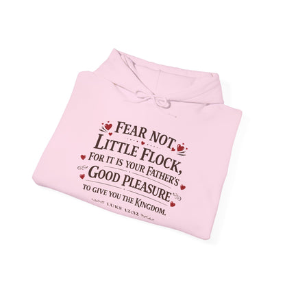 Fear Not Little Flock Hoodie with Printed Sleeves | Luke 12:32 Scripture Heart Design Bible Verse Gift | Share your faith