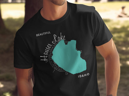 Black t-shirt with teal Hauser Lake map and compass graphic.