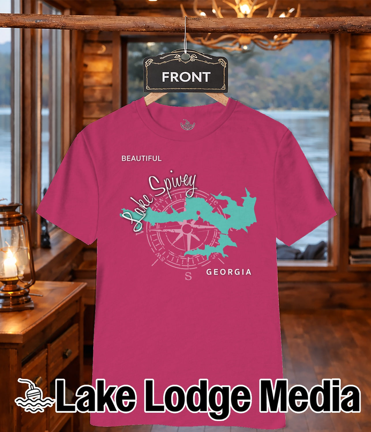 Pink t-shirt with a compass and "Lake Spivey Georgia" design.