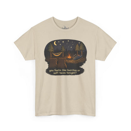Campfire Bears Humor T-Shirt, People in Sleeping Bags are Bear Burritos and Tacos Joke, Camping Hiking Smores Bonfire Apparel
