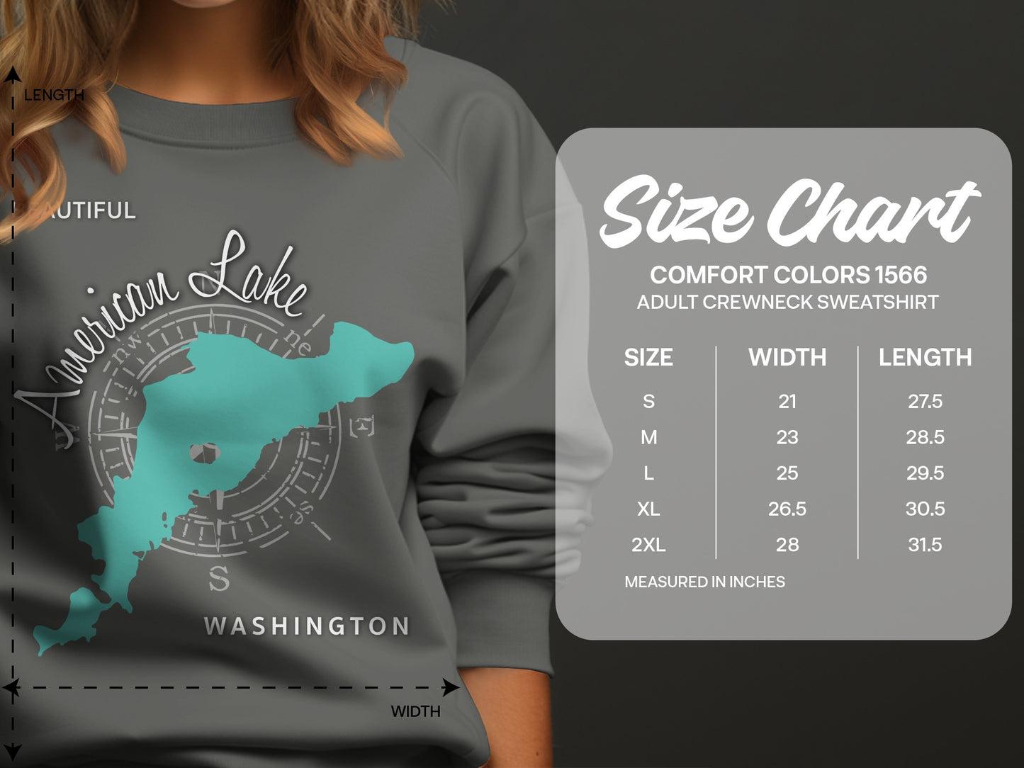 Comfort Colors 1566 adult sweatshirt size chart with width and length measurements.