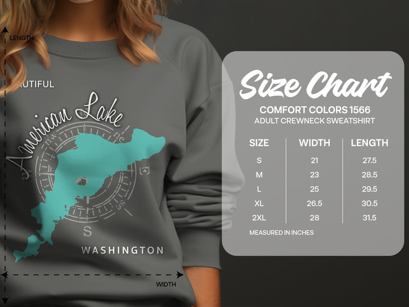 Comfort Colors 1566 adult sweatshirt size chart with width and length measurements.