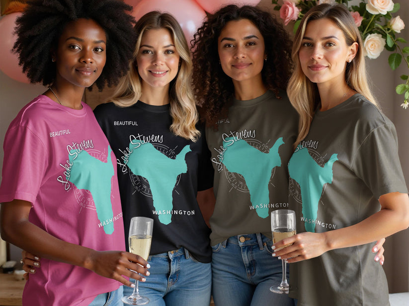Four women in t-shirts featuring a Lake Stevens, Washington graphic.