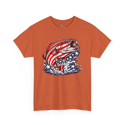 Patriotic Bass Fishing Shirt | American Flag Pride Design on Largemouth Bass with Stars and Stripes Tee for Fourth of July
