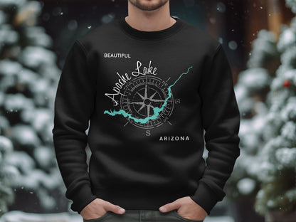 Black sweatshirt with "Beautiful Apache Lake Arizona" and compass graphic.