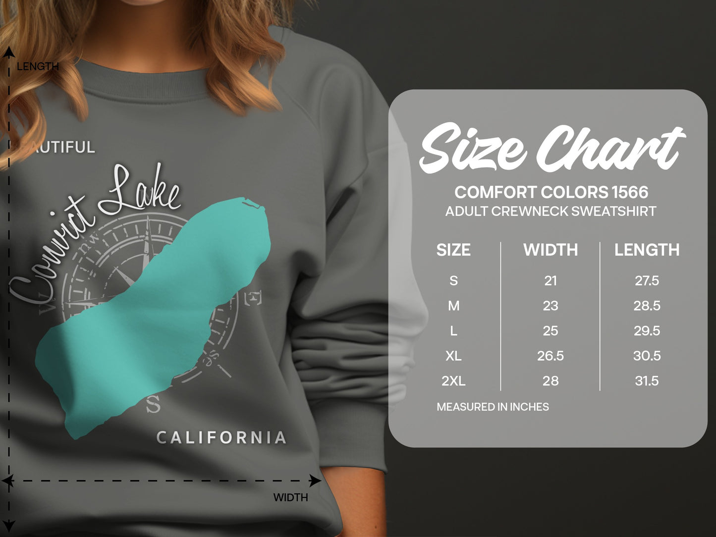 Convict Lake California graphic on gray sweatshirt with size chart.