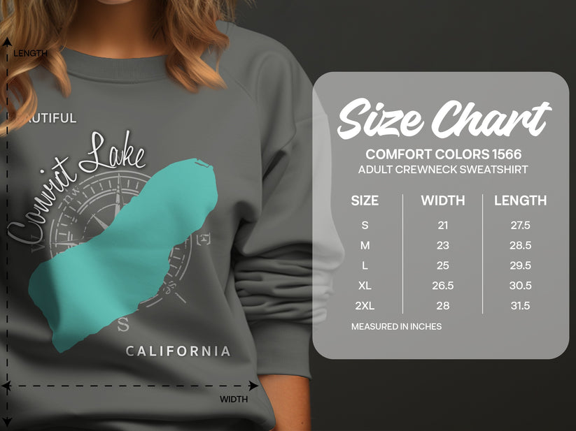 Convict Lake California graphic on gray sweatshirt with size chart.