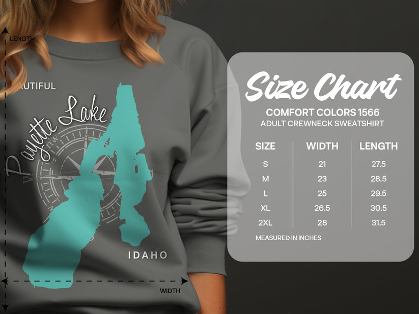 Crewneck sweatshirt size chart for Comfort Colors 1566, listing sizes S-2XL with width and length.