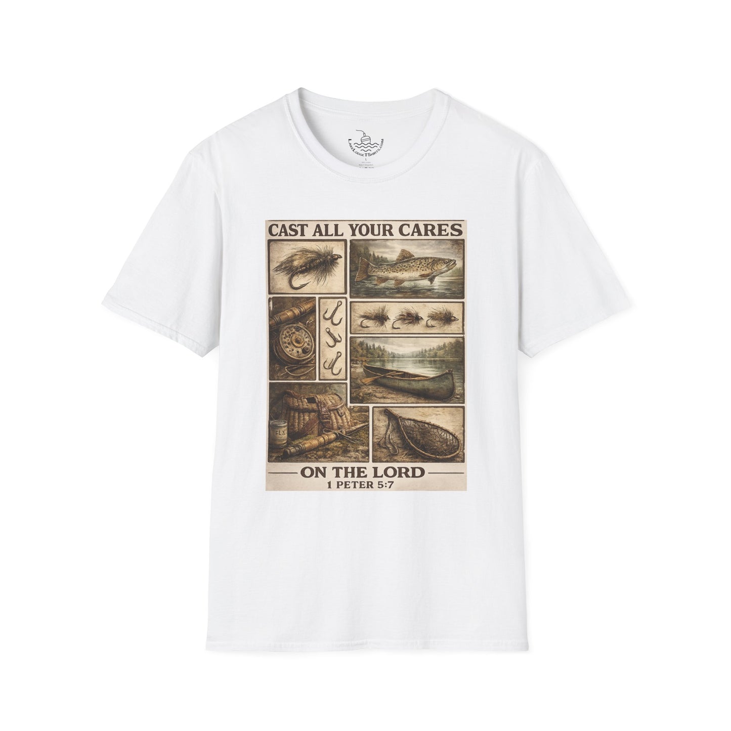 Fly Fishing Cast All Your Cares Upon the Lord Scripture T-Shirt | 1 Peter 5:7 Bible Verse for Fisherman, Father's Day