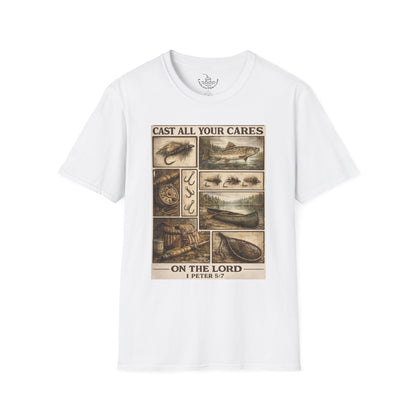 Fly Fishing Cast All Your Cares Upon the Lord Scripture T-Shirt | 1 Peter 5:7 Bible Verse for Fisherman, Father's Day