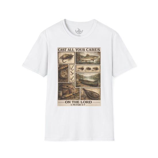 Fly Fishing Cast All Your Cares Upon the Lord Scripture T-Shirt | 1 Peter 5:7 Bible Verse for Fisherman, Father's Day