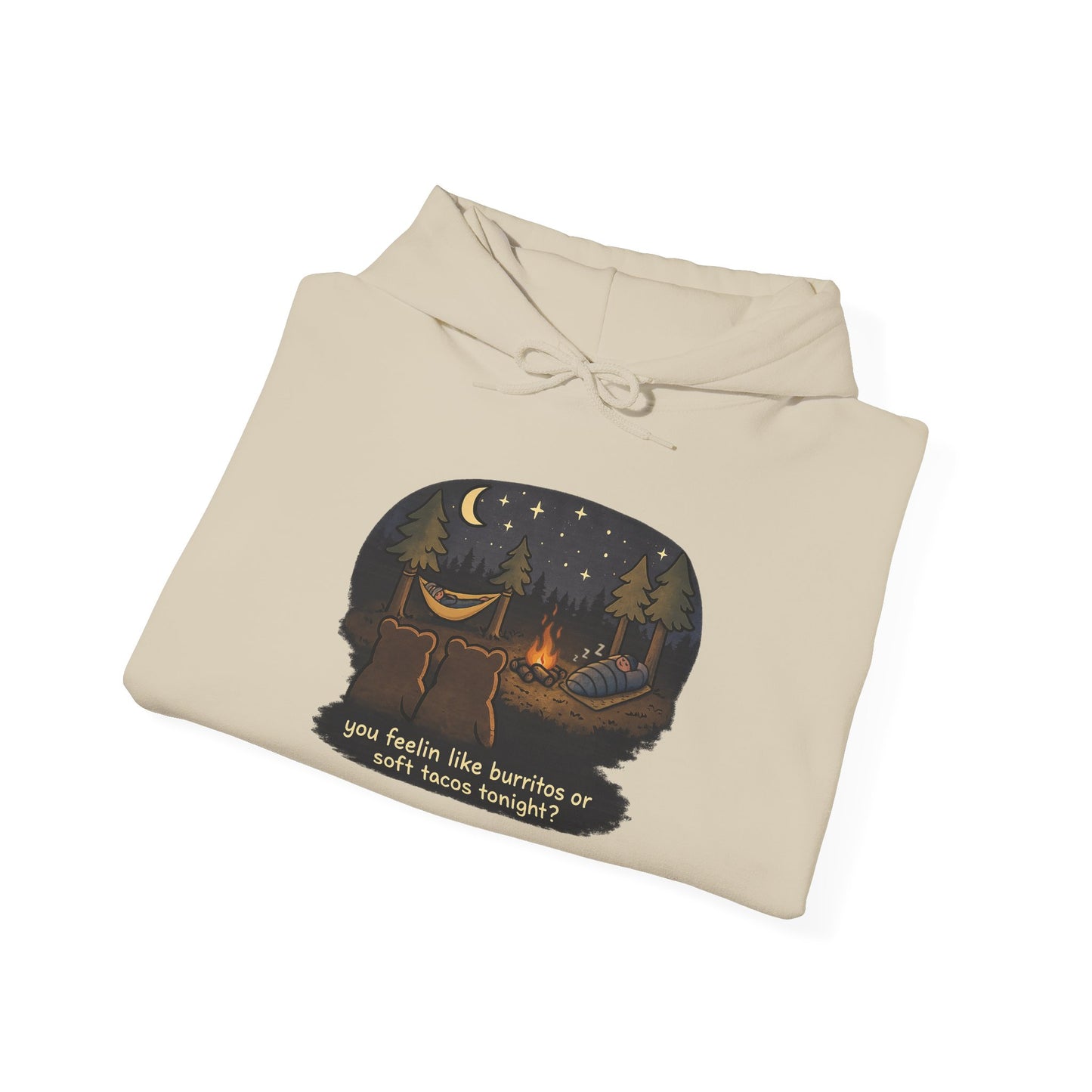 Campfire Bears Humor Hoodie, People in Sleeping Bags are Bear Burritos and Tacos Joke, Camping Hiking Smores Bonfire Apparel