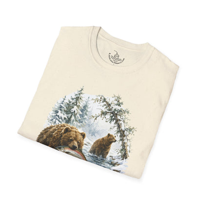 Kodiak Winter Brown Bear Fishing T-Shirt | Wildlife Salmon Catch Nature Lover Tee | Rustic Forest Animal Art Gift Shirt