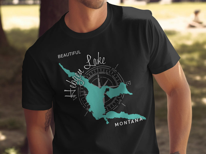 Black t-shirt with teal map of Hebgen Lake, Montana and compass rose.