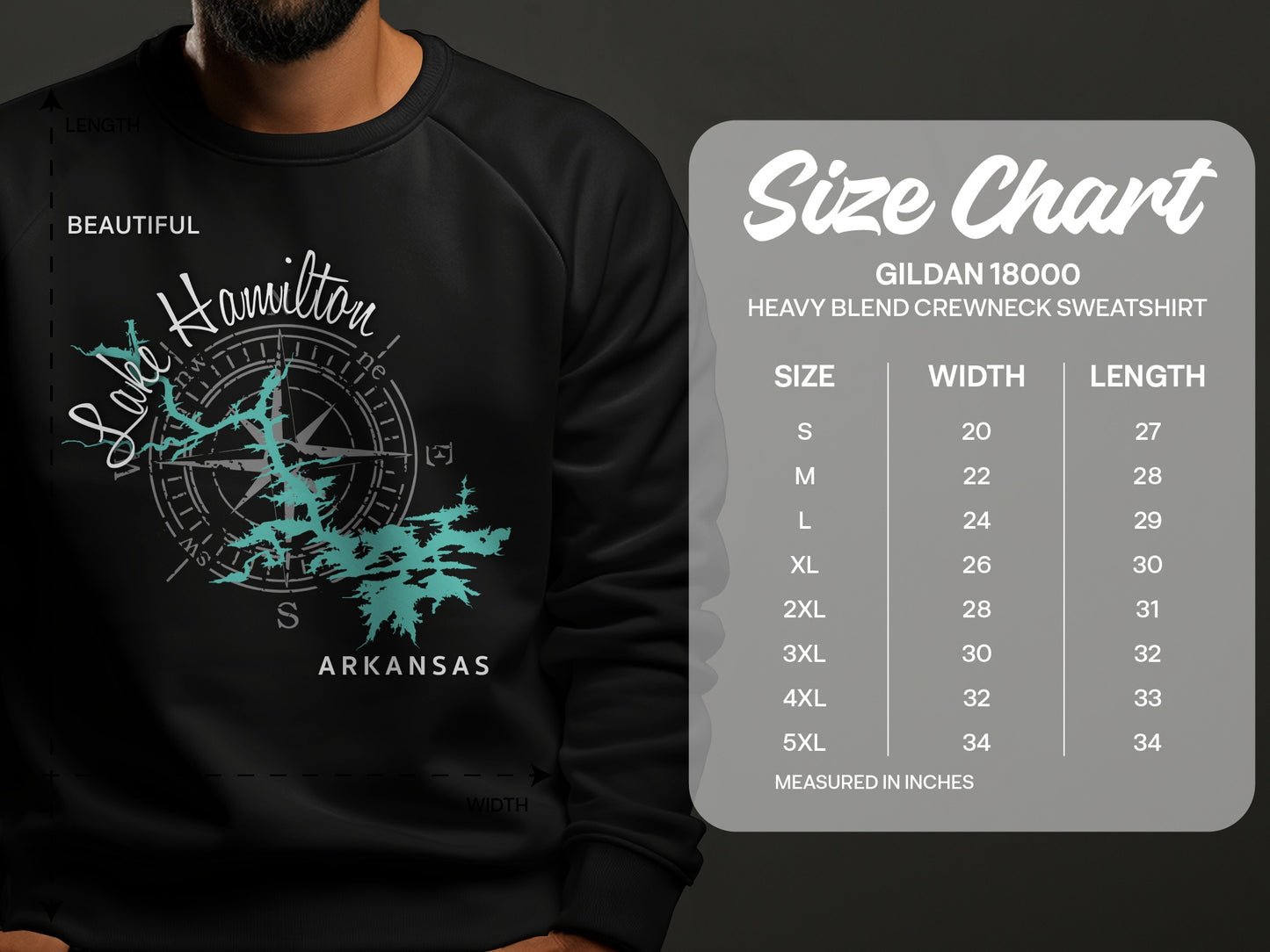 Lake Hamilton Arkansas graphic on sweatshirt and Gildan 18000 size chart.