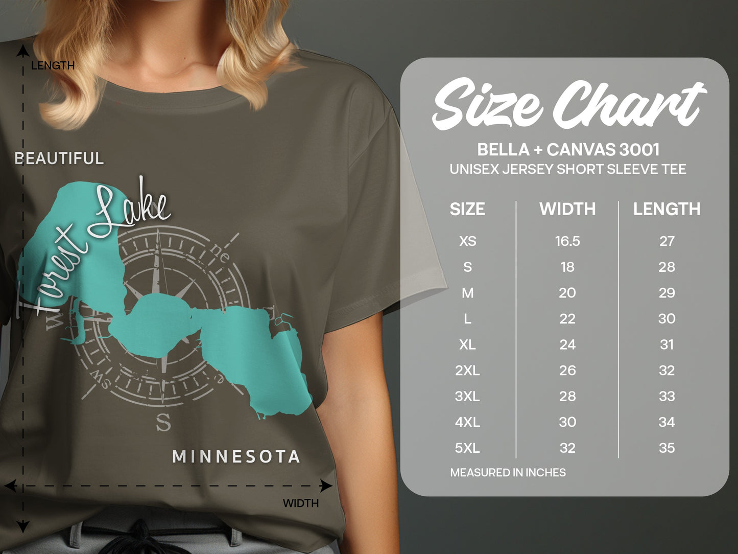 T-shirt size chart with dimensions for BELLA+CANVAS 3001 unisex tee.