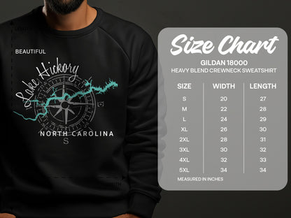 Lake Hickory North Carolina crewneck sweatshirt with size chart.