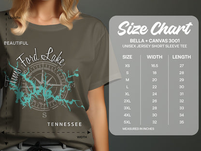 Unisex Bella + Canvas 3001 tee with Ford Lake, Tennessee graphic and size chart.