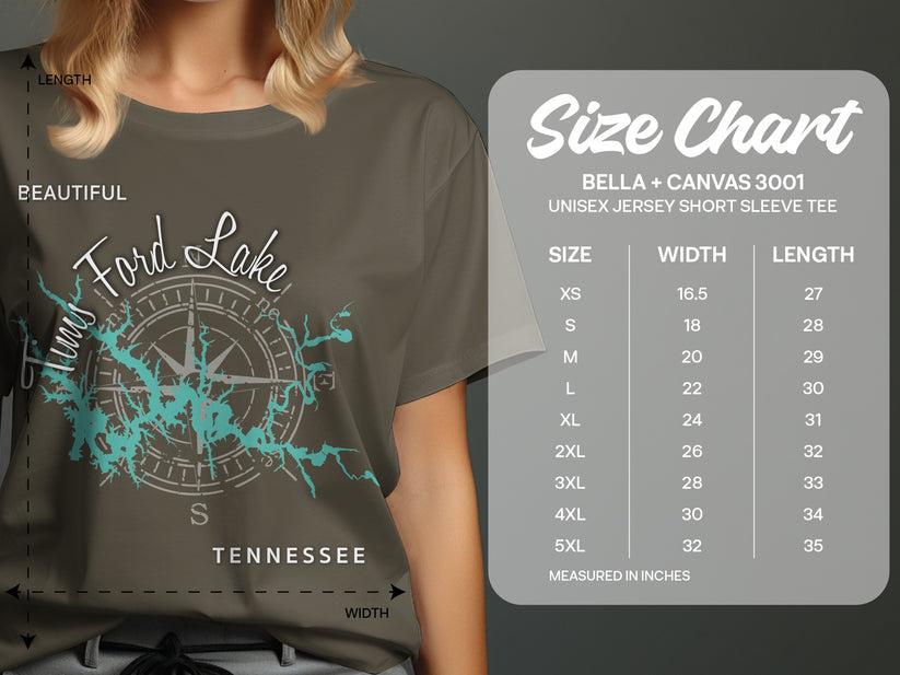 Unisex Bella + Canvas 3001 tee with Ford Lake, Tennessee graphic and size chart.