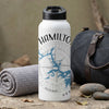 White metal water bottle with Hamilton, Arkansas map design and compass on a textured background.