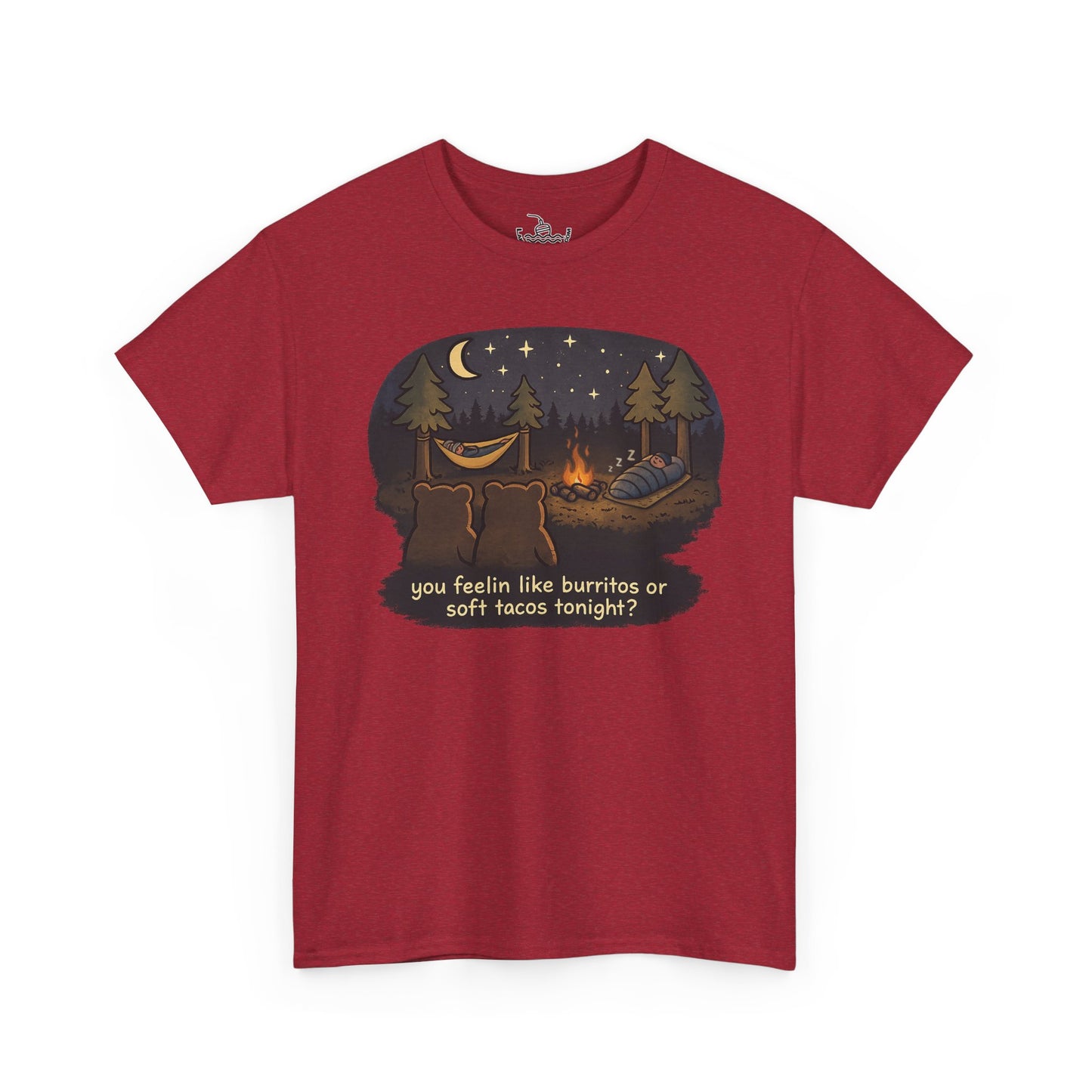 Campfire Bears Humor T-Shirt, People in Sleeping Bags are Bear Burritos and Tacos Joke, Camping Hiking Smores Bonfire Apparel