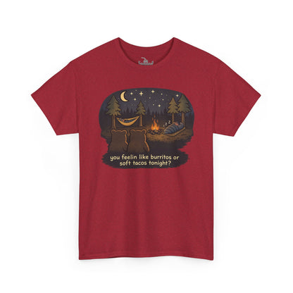 Campfire Bears Humor T-Shirt, People in Sleeping Bags are Bear Burritos and Tacos Joke, Camping Hiking Smores Bonfire Apparel