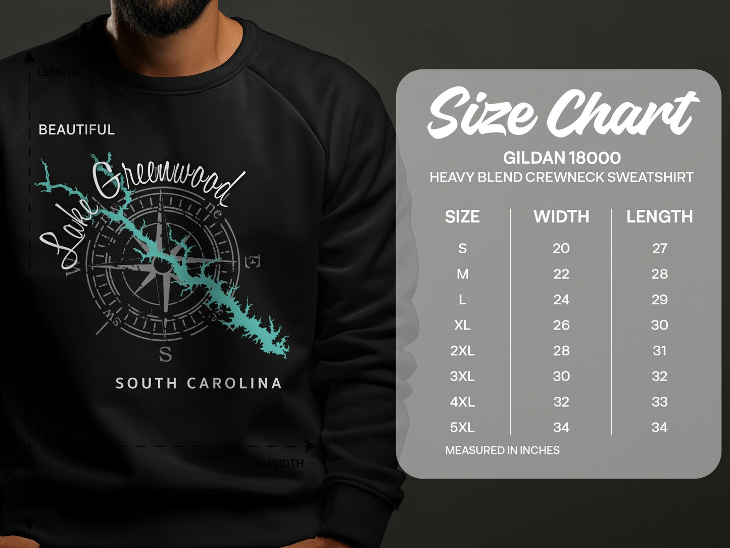 Crewneck sweatshirt with Greenwood Lake map and size chart.