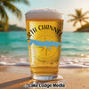 Glass of beer on beach with "North Channel" and Michigan map design.