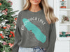 Dark grey sweatshirt with turquoise Onondaga Lake map and compass design.